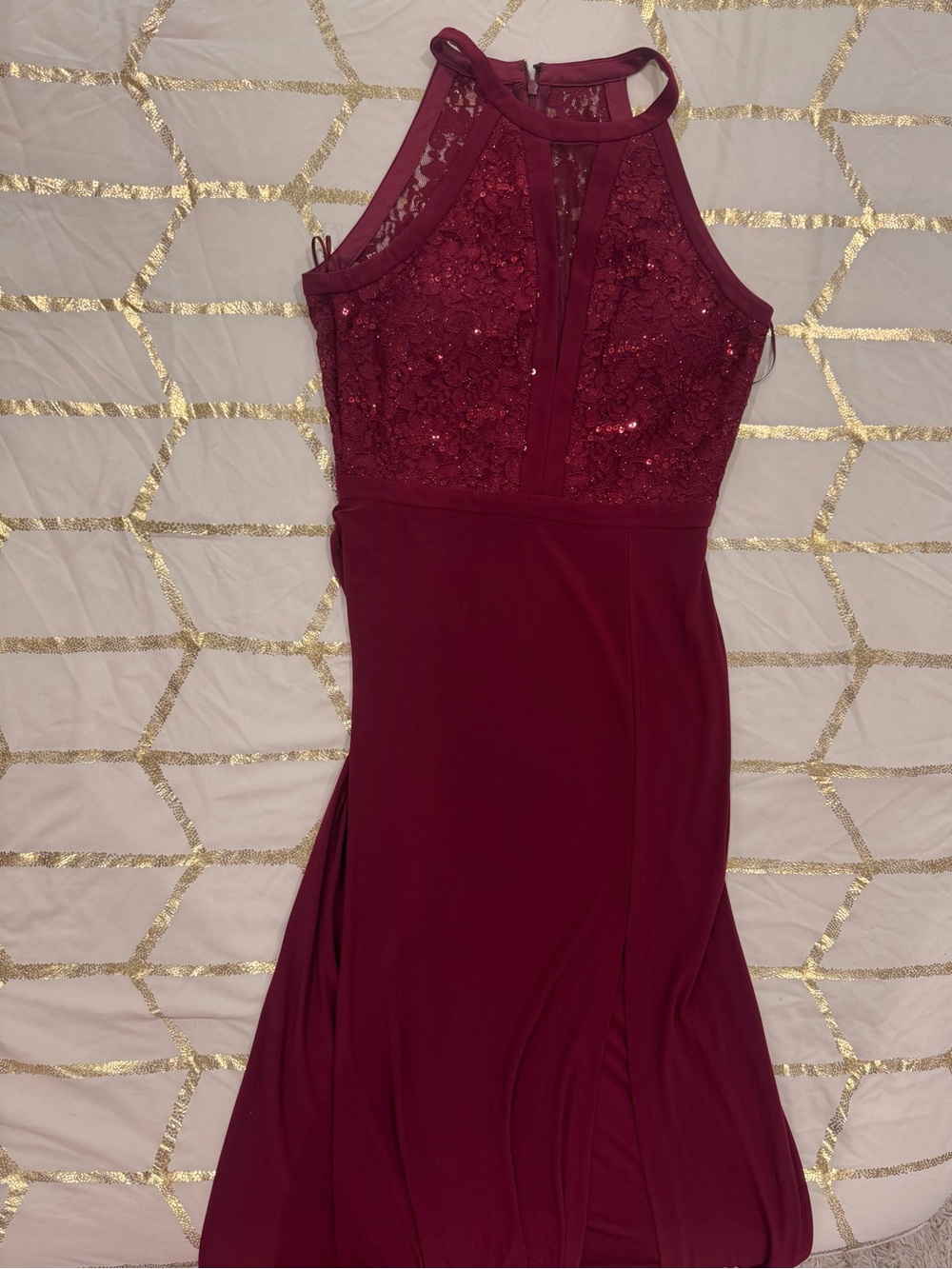 Morgan & Co. Burgundy Halter Prom Dress with Sequin Lace Bodice
